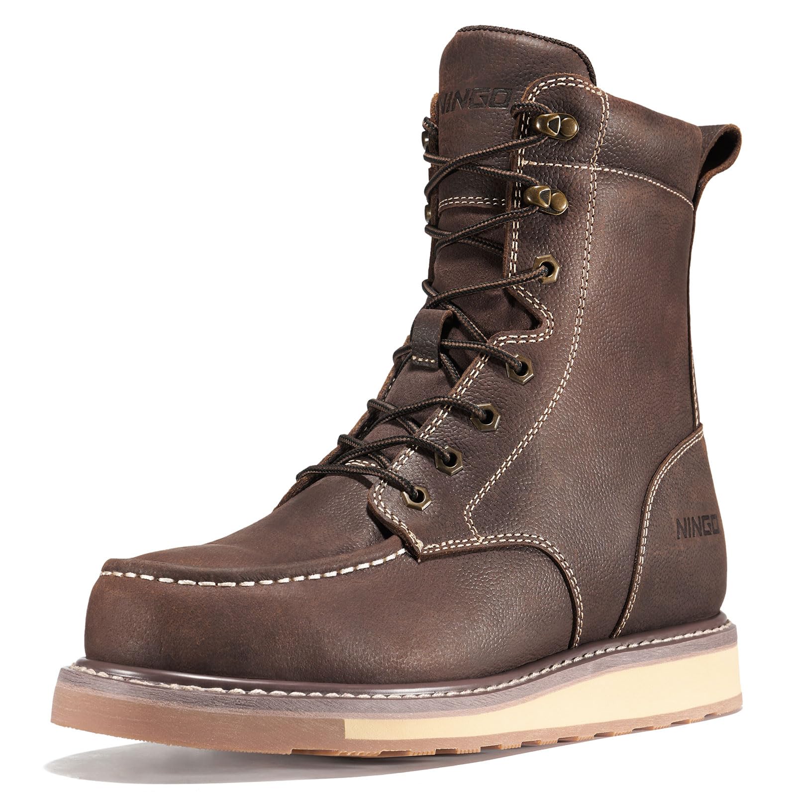 NINGO Steel Toe Work Boots for Men, 8 Inch Waterproof Moc Toe Boots
