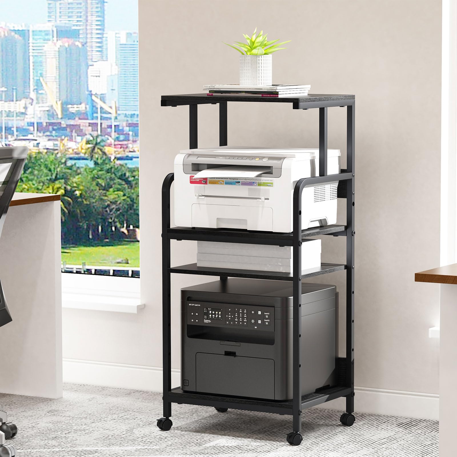 Support d'imprimante à 4 niveaux, grande table d'imprimante sur roulettes, support d'imprimante mobile avec rangement, chariot d'imprimante roulant pour fax, scanner, fichiers, lecteur multimédia