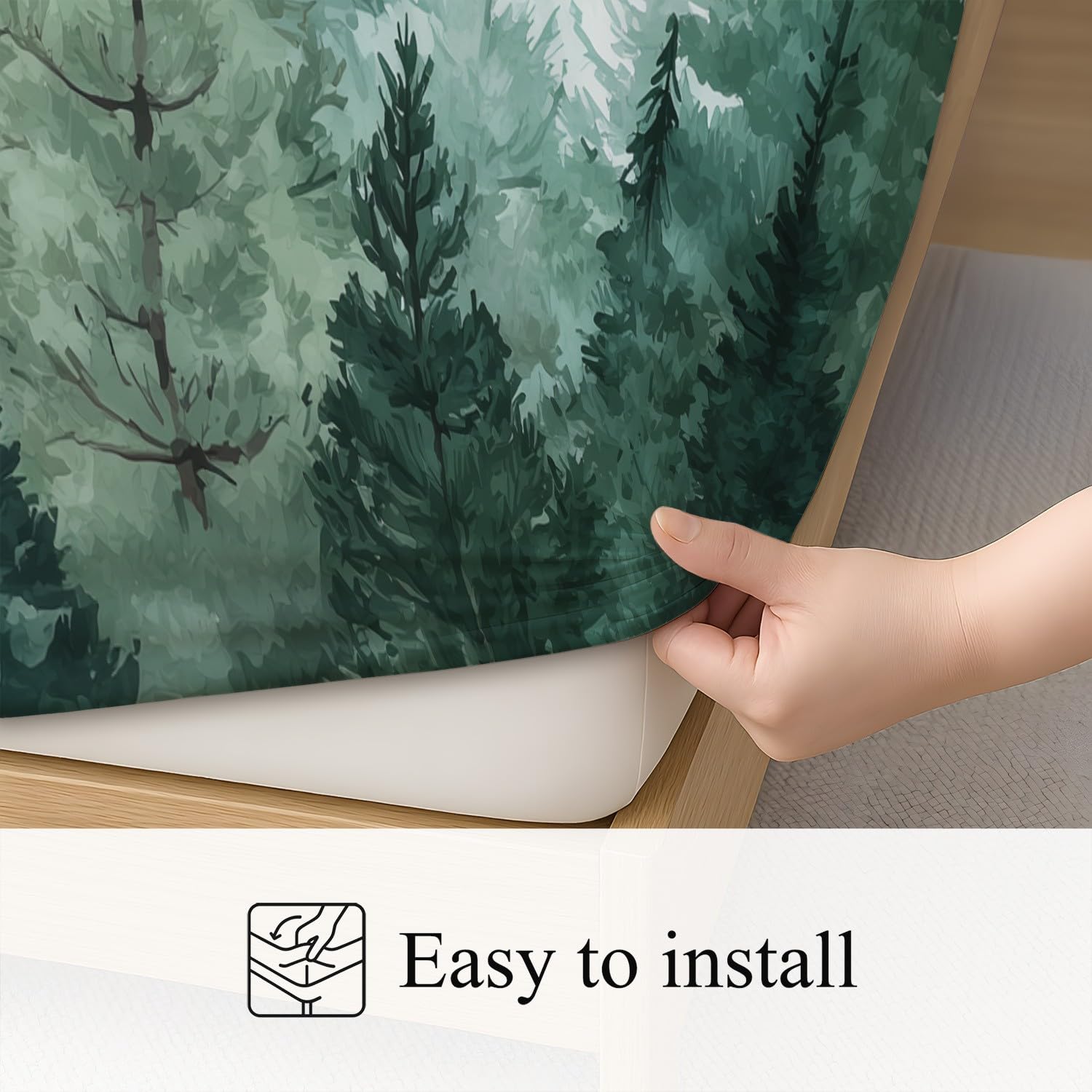 Mystique Forest Prześcieradło z gumką 140 x 200 cm Czapki 30 cm, Serein Spin Jodła Mgła dla dzieci nastolatków dorosłych, miękkie prześcieradło z mikrofibry, oddychający pokrowiec na materac