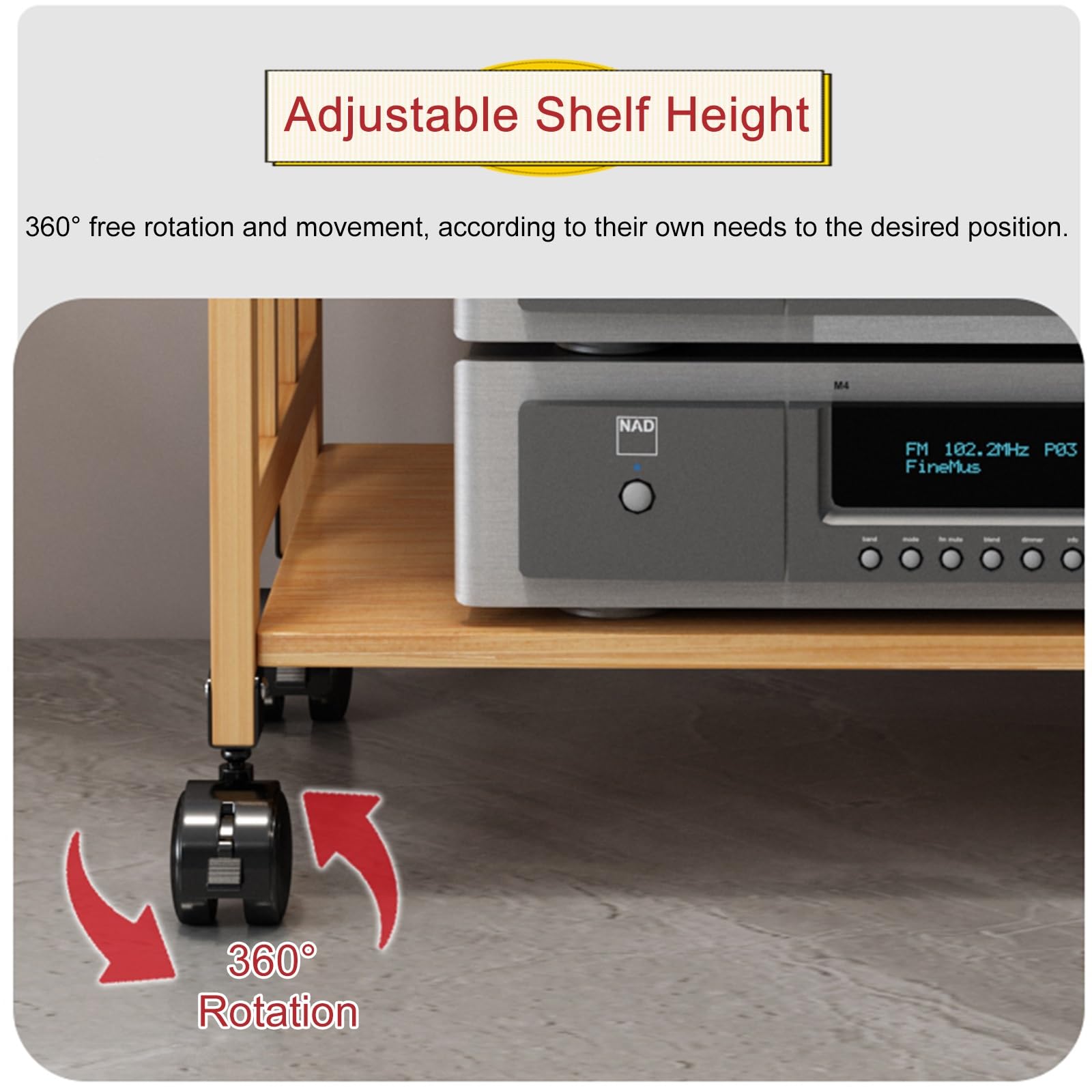 Console regolabile in legno con supporto girevole e ripiano a 2 ripiani per soggiorno/ufficio - Supporto TV e supporto per musicisti da 50-80 cm, perfetto per gli amanti della musica