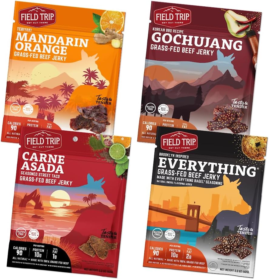 Grass Fed Beef Jerky Variety Pack, Healthy Gluten Free Snacks, All Natural, Paleo-Friendly Meat Snacks with No Nitrates, Low Carb, High Protein Snacks, 2.2oz Bag, 4 Pack