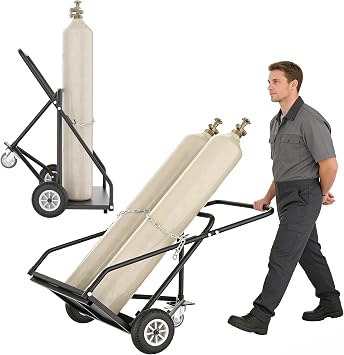 YOHKOH Oxygen Tank Cart, Heavy-Duty Dual Welding Cylinder Cart with Triangular Stability Design, Three Locking Wheels, Ergonomic Handle with Assist Wheels for Easy Moving, 28.7" W x 17.3" D x 45.3" H