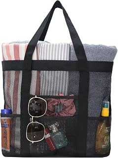 Extra Large Mesh Beach Tote Bag for Women 9 Pockets Shoulder Handbag Foldable Pool Bag for Travel, Vacation