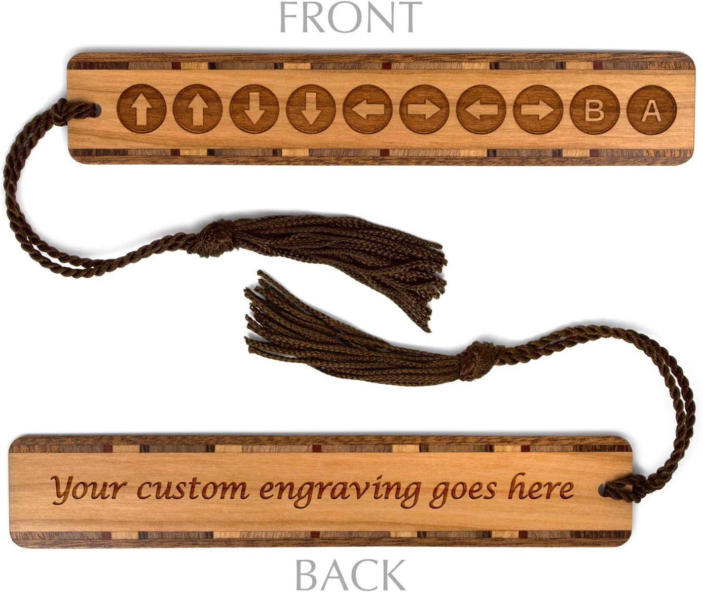 Personalized Konami Code Engraved Wooden Bookmark – Retro Gaming Cheat Code Design, Made in the USA - Also Available Without Personalization.