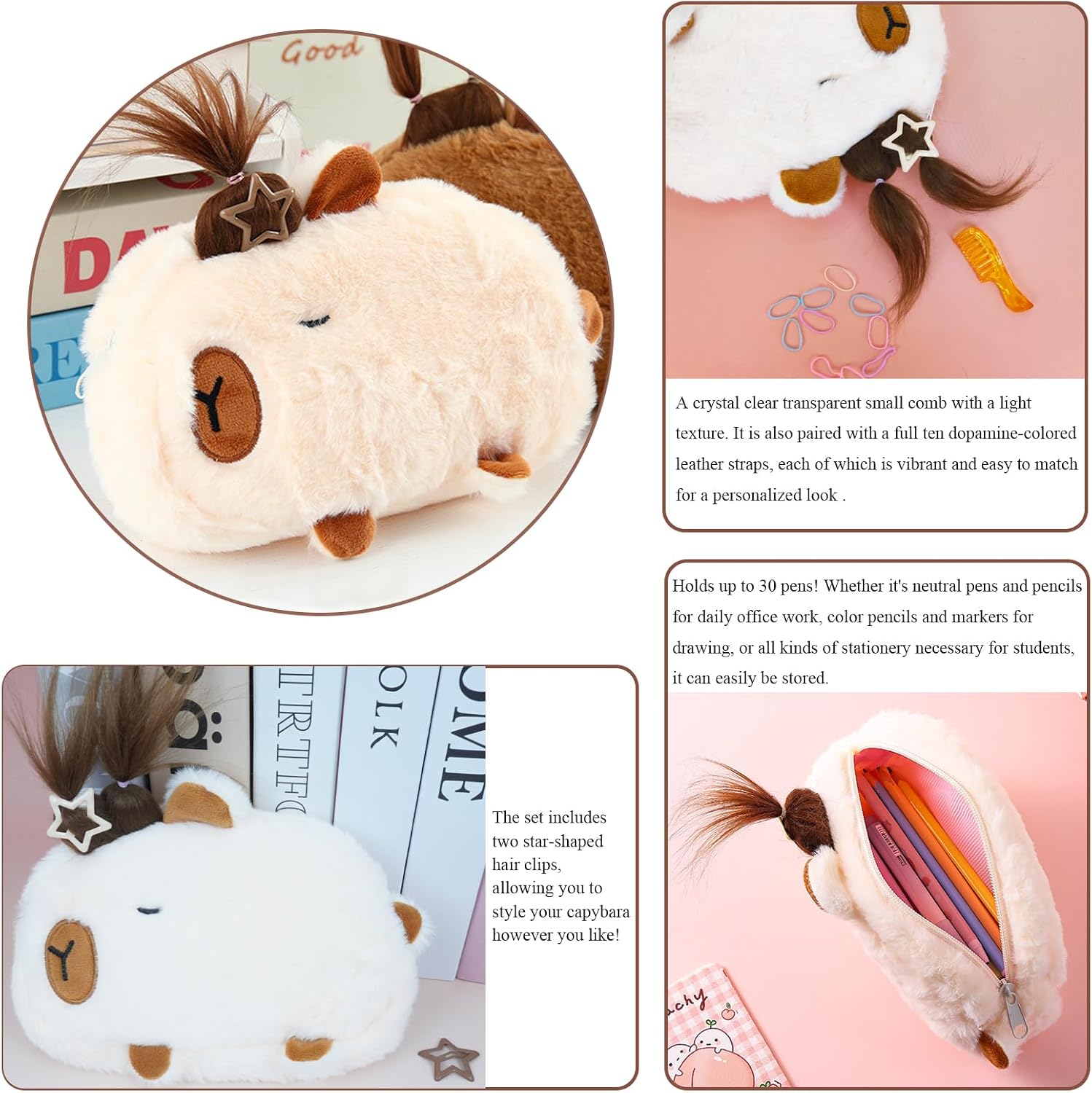 KEYDUACU Cute Water Cavy Pencil Case with Hairstyle Kit, Large Capacity Water Guinea Pig Cute Animal School Supplies Bag with Pencil Set & 10-Color Pen(Beige)