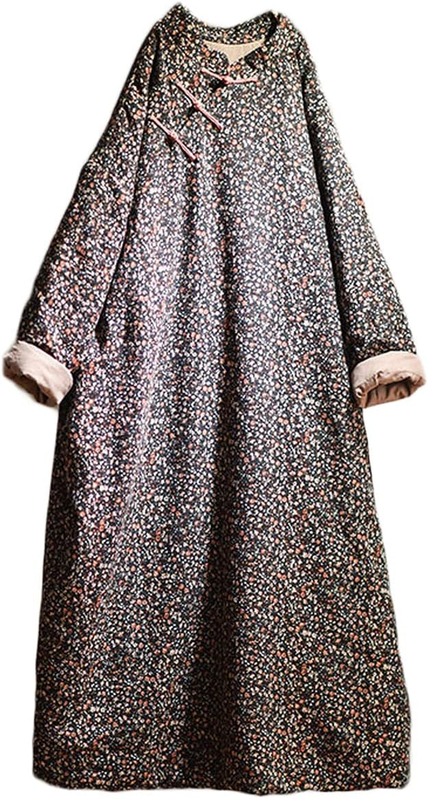 NFYM Women Autumn Winter Warm Padded Floral Outwear Long Cotton Linen Vintage Chinese Style Robe Coat - Image 2
