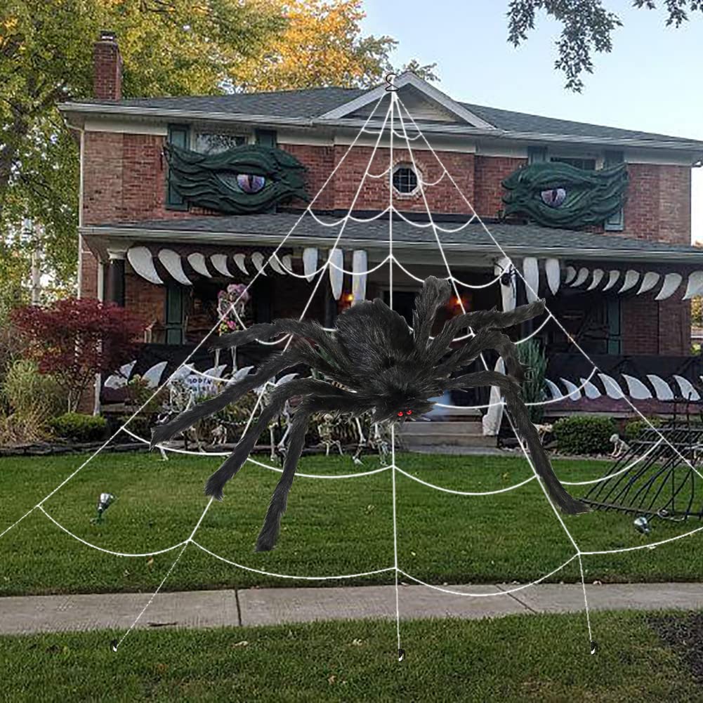 Ragnatela di Halloween da 508 cm + decorazioni di ragno gigante da 124,5 cm, ragno finto nero con enorme ragnatela triangolare per interni ed esterni, decorazioni di Halloween, cortile, giardino,