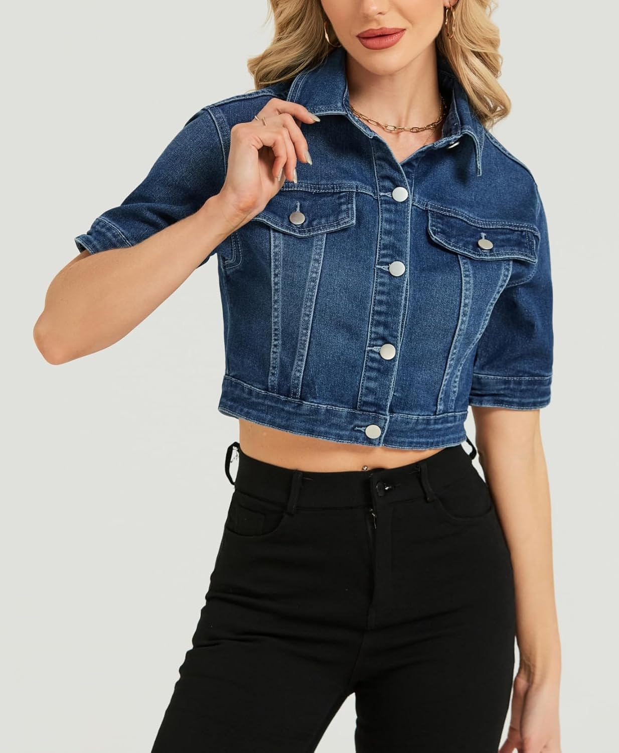 LifeShe Women Stretch Cropped Denim Jacket Short Sleeves Button Down Trucker Jean Jackets Coats - Image 5