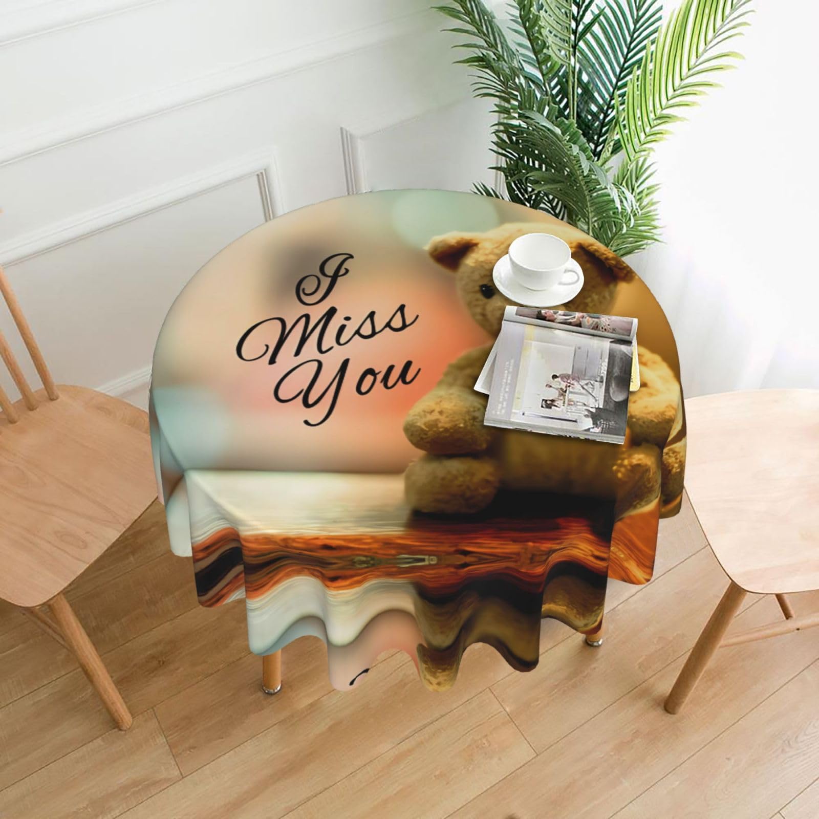 Yyhwhjde Black Miss You Bear Prints Round Decorative Table Throw 60In – Waterproof Table Cover For Elegant Dining & Outdoor Gatherings