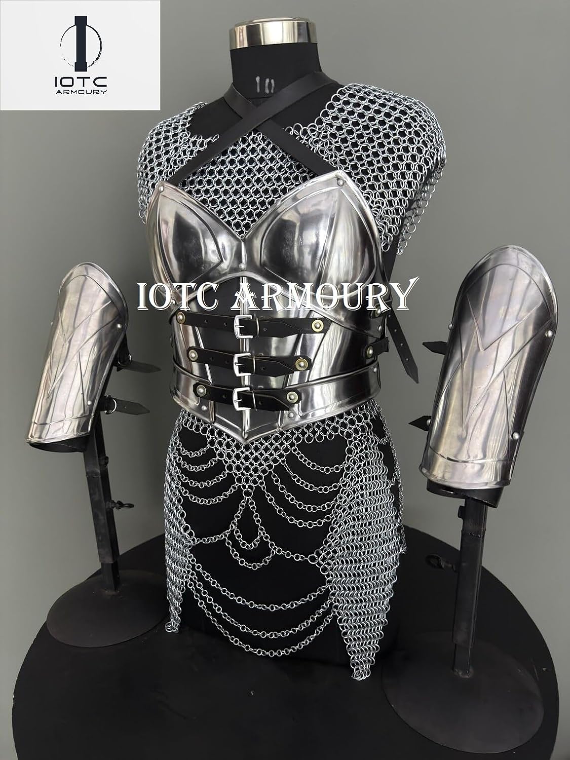 Medieval Female Warrior Armor Costume LARP Handmade Chainmail Plate Armor | Lady Armor Cuirass, Arm Bracers, Chainmail Tasset for Reenactment, Cosplay Event's, Halloween & Theme Party Silver