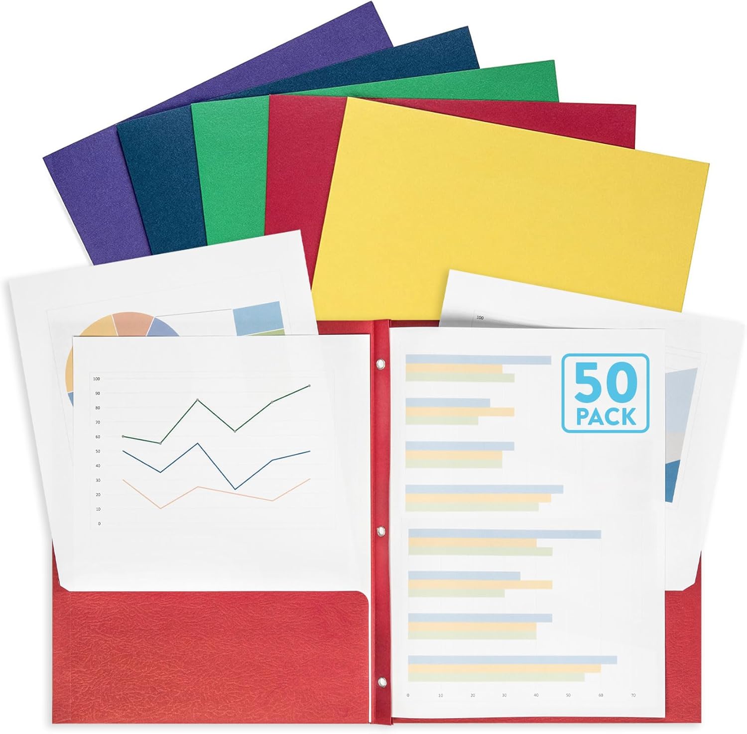 Blue Summit Supplies 50 Two Pocket Folders with Prongs Bulk, 3 Prong Folders with Pockets Bulk, Paper 2 Pocket, Designed for Office and Classroom Use, Assorted 5 Colors