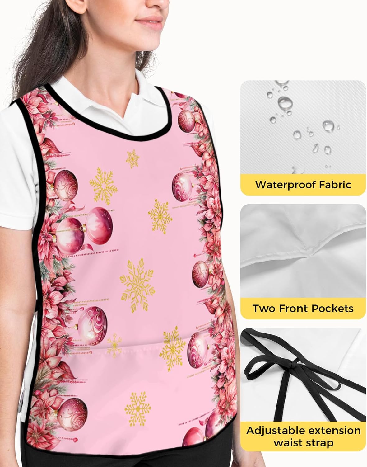 Christmas Snowflake Cobbler Aprons with 2 Pockets for Women Men, Fashionable Printed Unisex Bib Waterproof Cleaning Smock Vest for Chef Kitchen Xmas Winter Flower Red Pink Gold 2 Packs, 20''x 31.5''