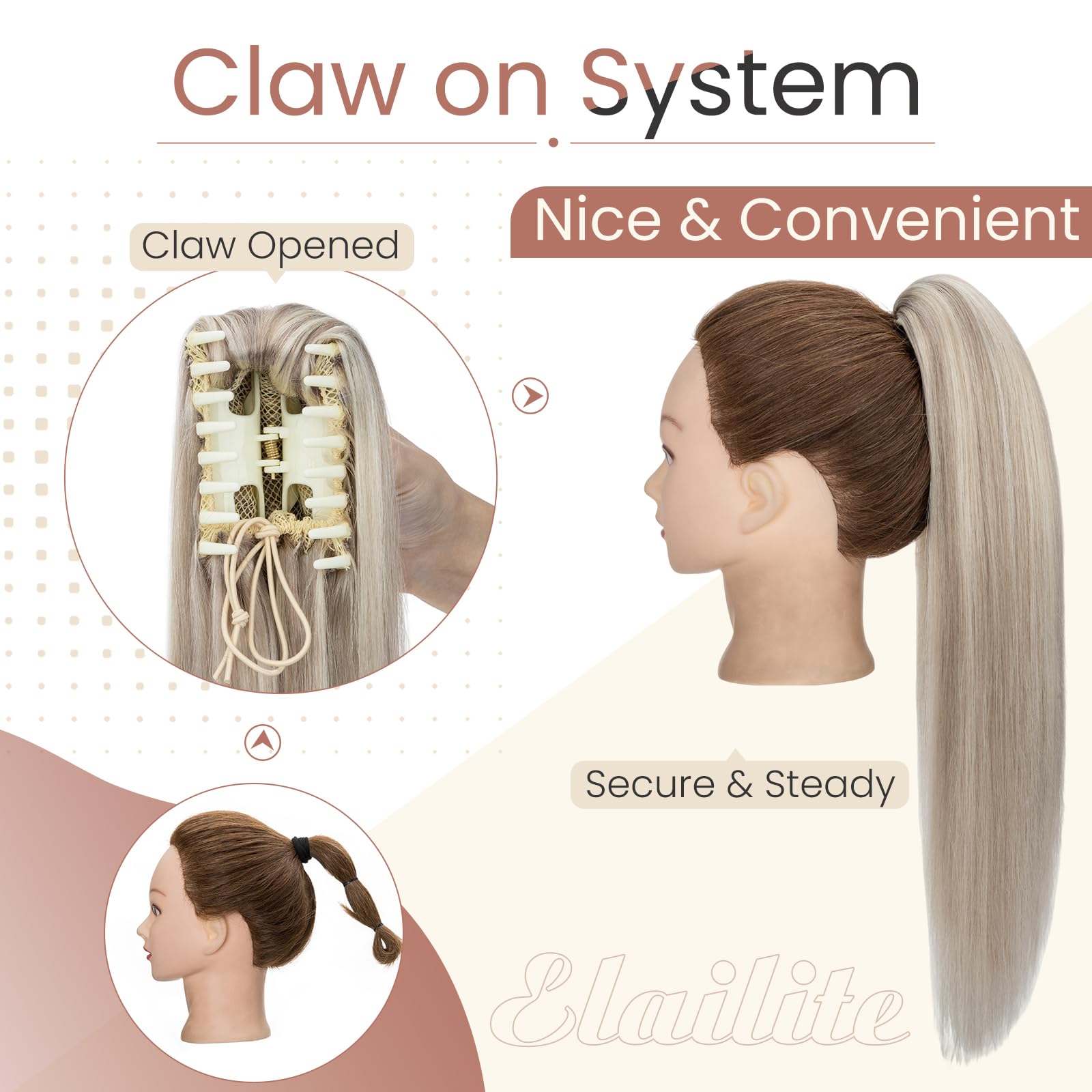Elailite Claw on Ponytail Extension Real Human Hair Clip Natural HairPiece Straight (#18Y/613 Ash Blonde Mix Bleach Blonde, 20 Inch) - Image 3