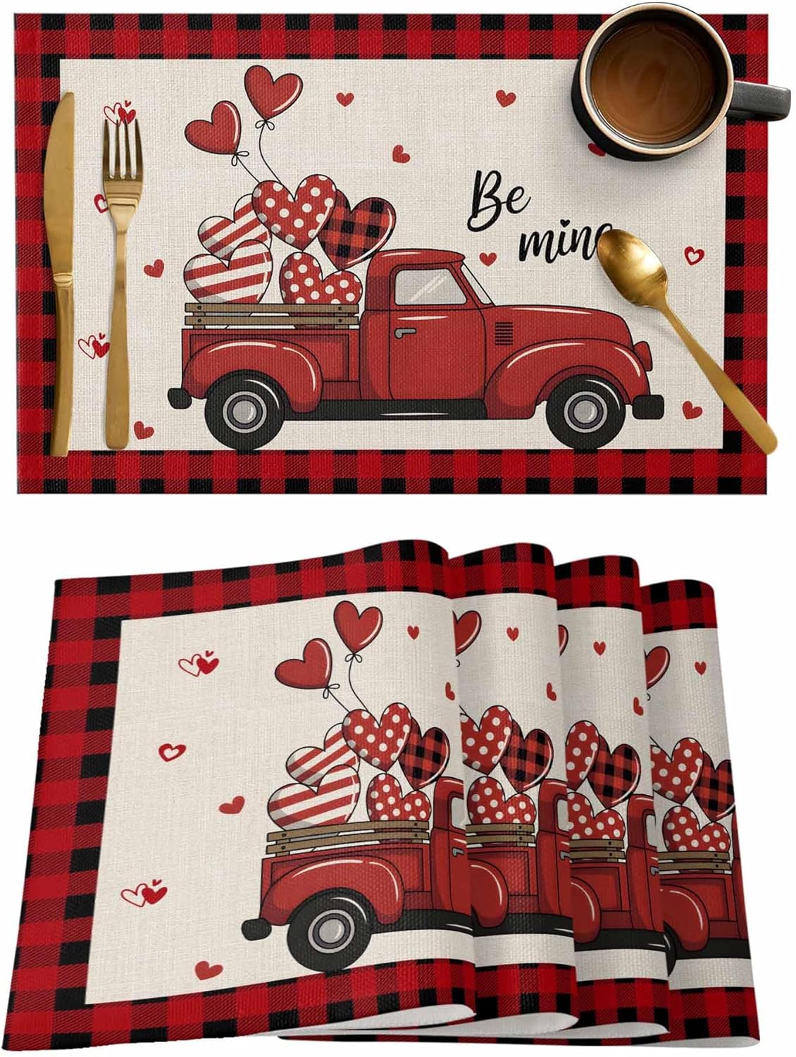Placemats for Dining Table Set of 4 Valentine's Day Red Truck with Romantic Sweetheart Balloon Table Mats for Home Kitchen Restaurant Wedding Party Decoration,Washable