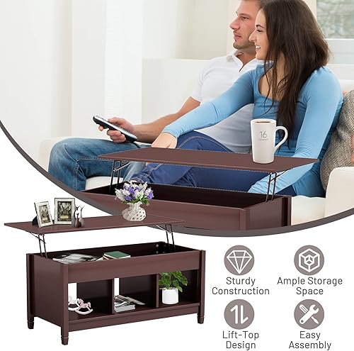 Miniatura 24 de COSTWAY Mesa auxiliar elevable, con compartimento de almacenamiento oculto y 3 estantes abiertos, mesa de té rectangular de cóctel con patas de