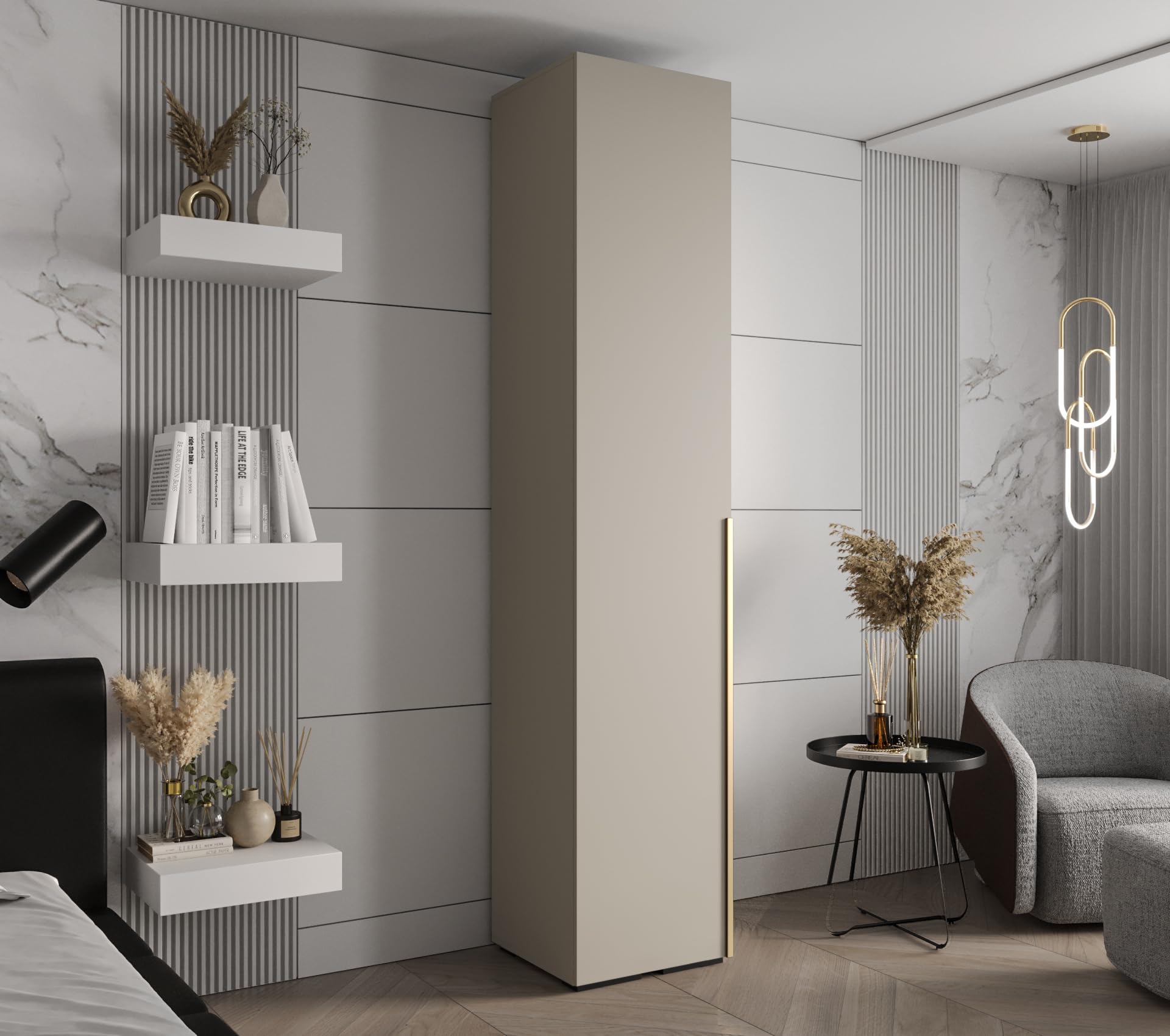 MEBLE KRYSPOL Inova 1 Moderner Schrank mit Regalen und Stange - Aufbewahrungsschrank für Schlafzimmer, Wohnzimmer - 236,7x50x47 cm - KGoldpusfarbe Kaschmir - Frontfarbe Kaschmir - Grifffarbe Gold