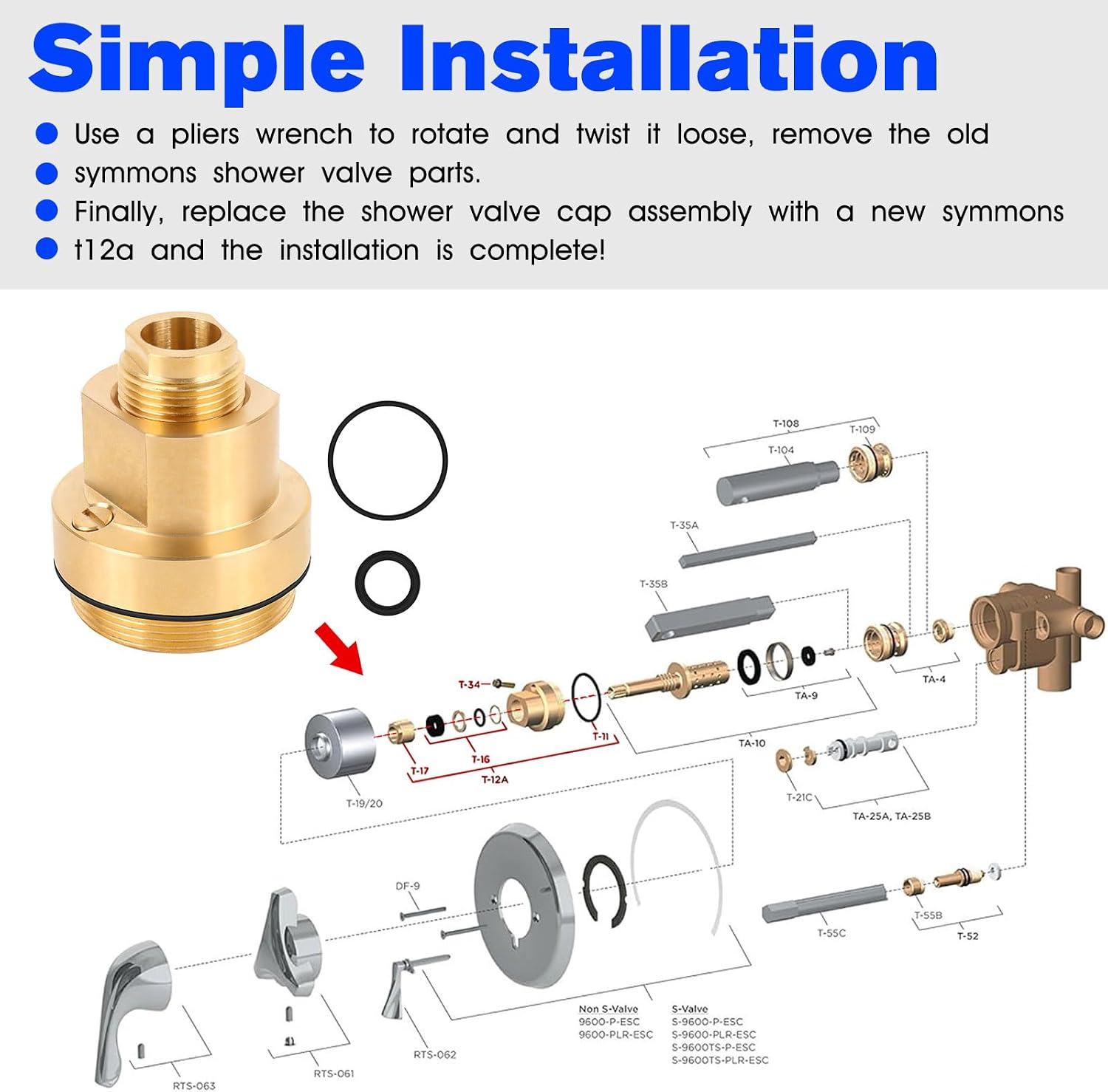 T-12A Cap Assembly For Symmons Temptrol Rebuild Kit - Brass | Replacements Symmons Temptrol Cap Assembly Symmons T12A Shower Valve Comes With 3 Gaskets