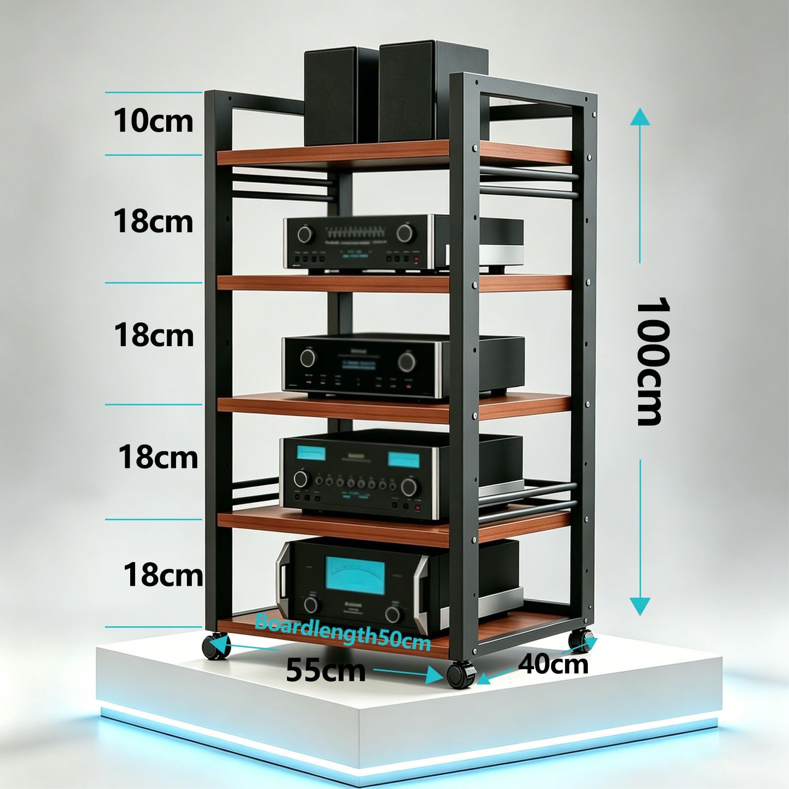 Mobile Hifi 5-Level Audio-Video Con Ruote Universali Altezza Regolabile | Mobile Stereo Hi Fi Rack/Con 360° Ruote/Con Ripiano Regolabile/ Altezza Regolabile/Per Sala Giochi(Teak)