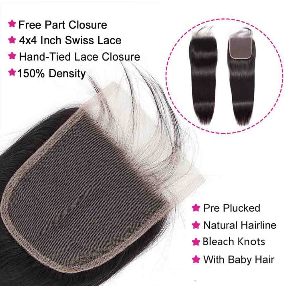 Vanlov Straight Bundles with Closure Human Hair 16 18 20 22+14 Brazilian Human Hair Bundles with 4x4 HD Closure Straight 100% Unprocessed Virgin Weave Hair Bundles with Closure for Women