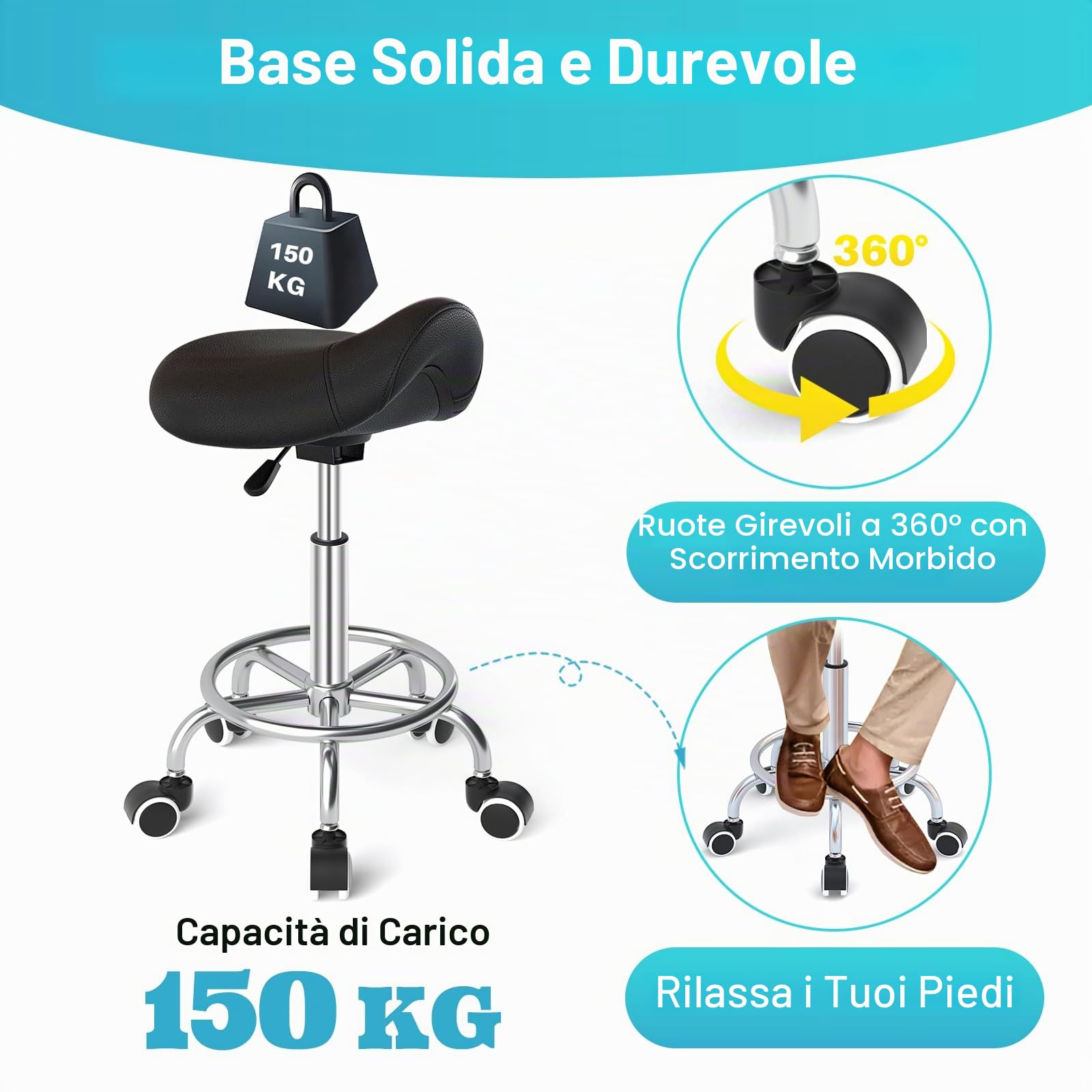Sgabello da sella per cavallo anti-mal di schiena, sgabello ergonomico con ruote, sgabello estetico regolabile in altezza da 46 a 59 cm, sgabello con ruote imbottite per dentista (nero)