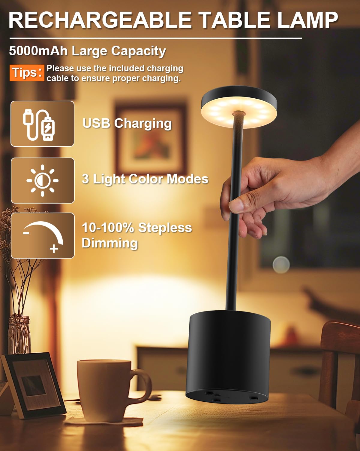 Lámpara LED Portátil Recargable - Luz Blanca Y Amarilla Regulable, Ideal Para Dormitorio, Viajes O Decoración
