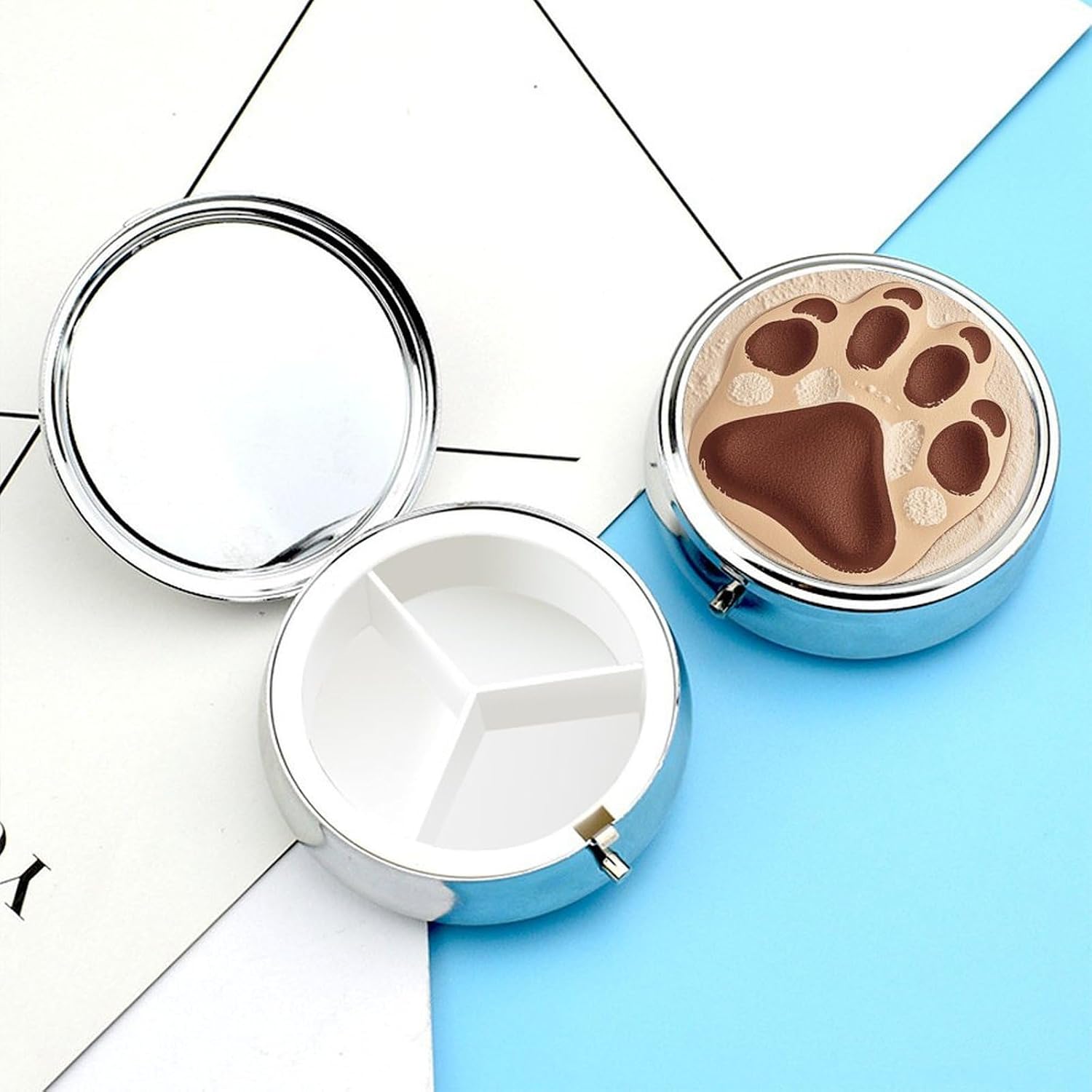 Round Silver Pill Box Small Pill Case for Purse and Pocket 3 Compartment