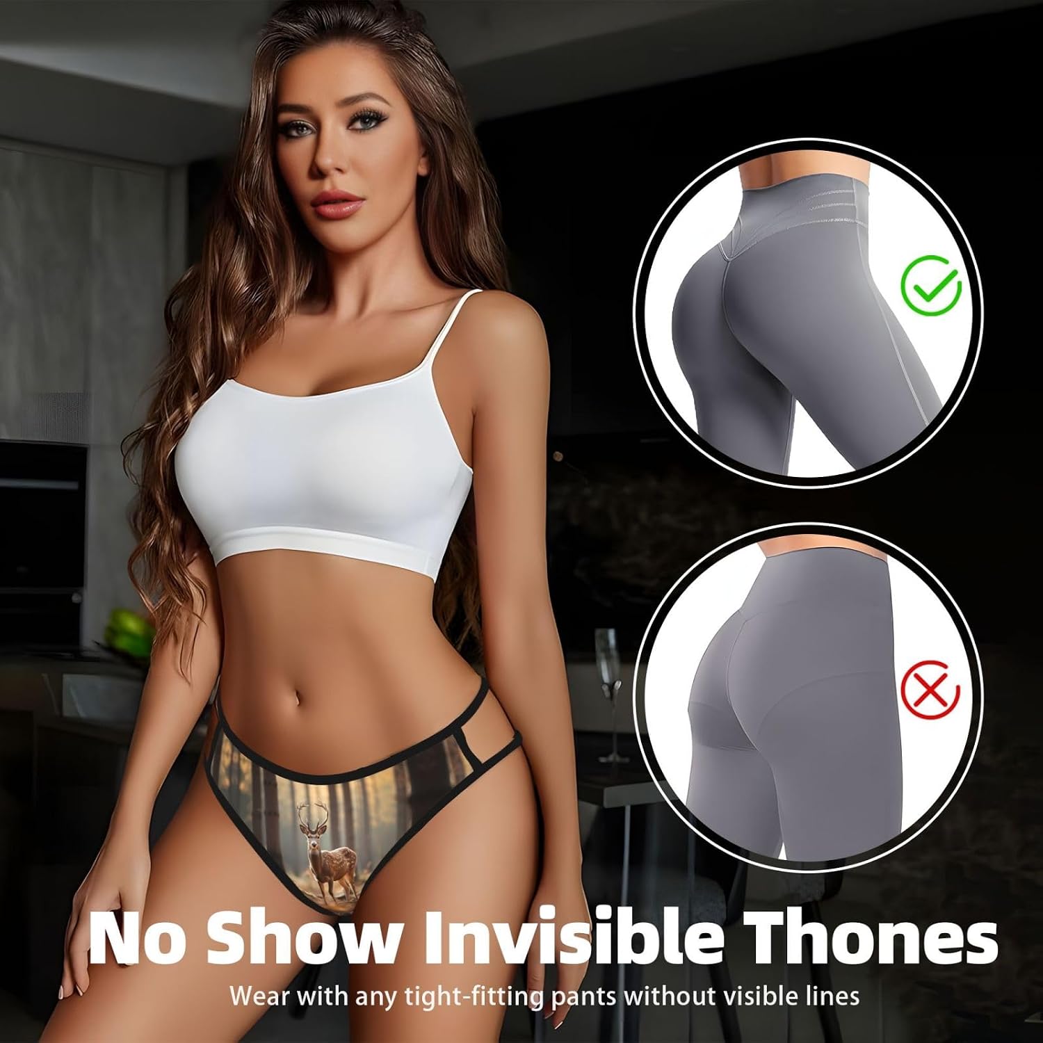 Whitetail Deer Fawn In Wilderness Stag2 Print Sexy Underwear G String Thongs For Women Low Rise No Show Workout Panties For Sports And Yoga Black