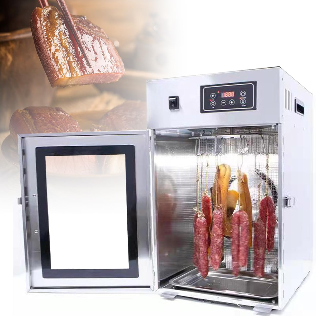 Suyaoquant Commercial Food Dehydrator, Stainless Steel Dry Ager Cabinet 800W, Glass Door With Hot Air Drying, 30‑90°C, 30 Min‑24H Timer, Drip Tray, 7.5KG Capacity – For Sausage, Jerky, Duck, Fish