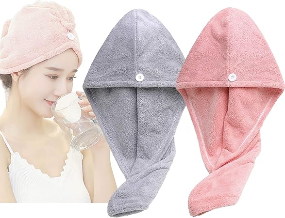 Amazon ヘアドライタオル ドライキャップ 速乾 髪タオル 長い髪専用 軽量 シャワーキャップ 強い吸水性 お風呂上がり タオルキャップ ふわもこ ヘアターバン ヘアキャップ バス用品 2枚セット グレー スイカの赤 ヘアドライタオル ビューティー オンライン通販