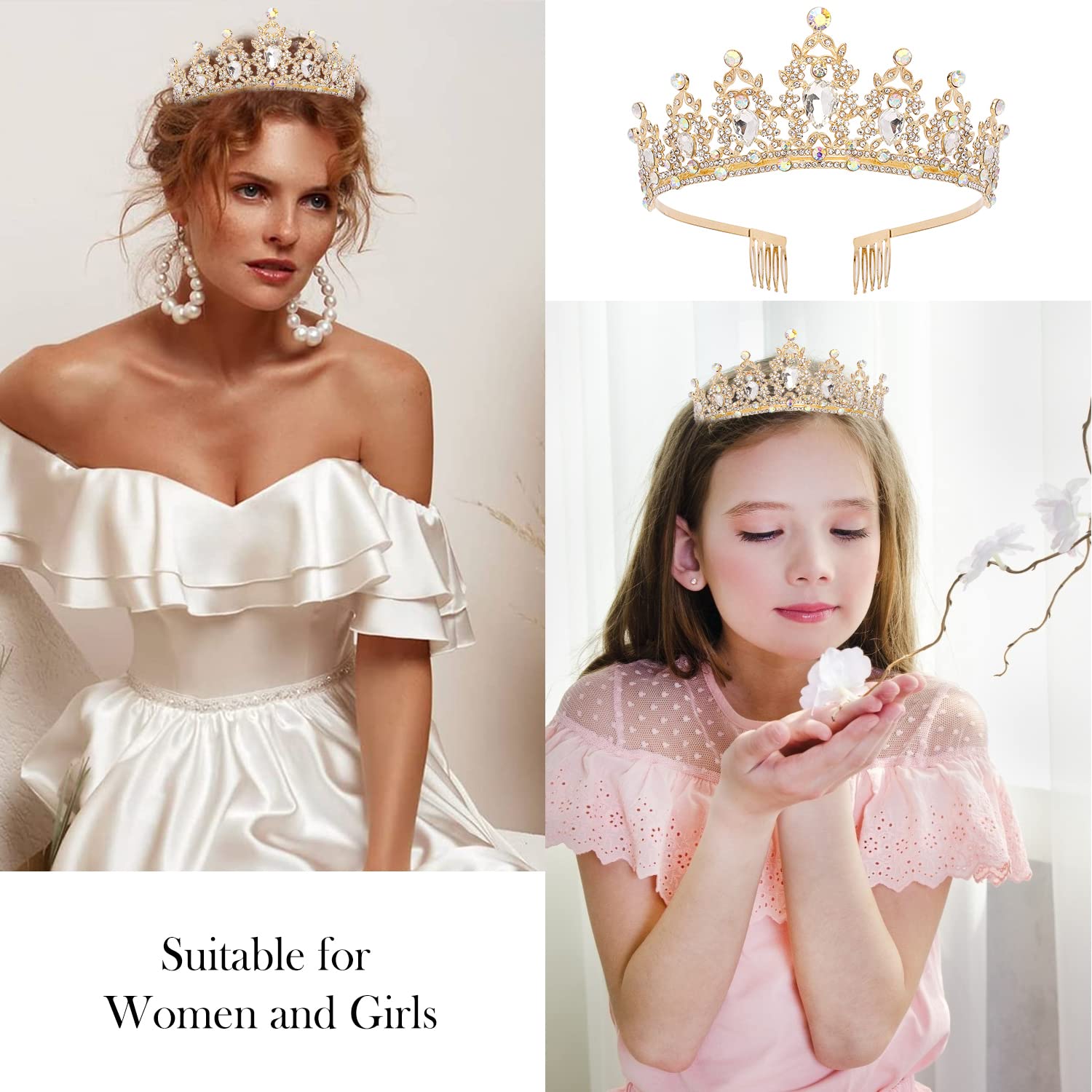 Didder Rhinestones Crown & Glitter Sash Kit, Crystal Tiara & Hair Accessories for Women & Girls' Birthday Parties & Proms (Gold) image 4
