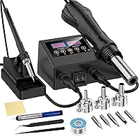 Kit de estação de retrabalho de ar quente 2 em 1, ferro de solda com display digital duplo, ar quente, aquecimento rápido, com 5 pontas de ferro de solda, 3 bicos de ar quente, pinça