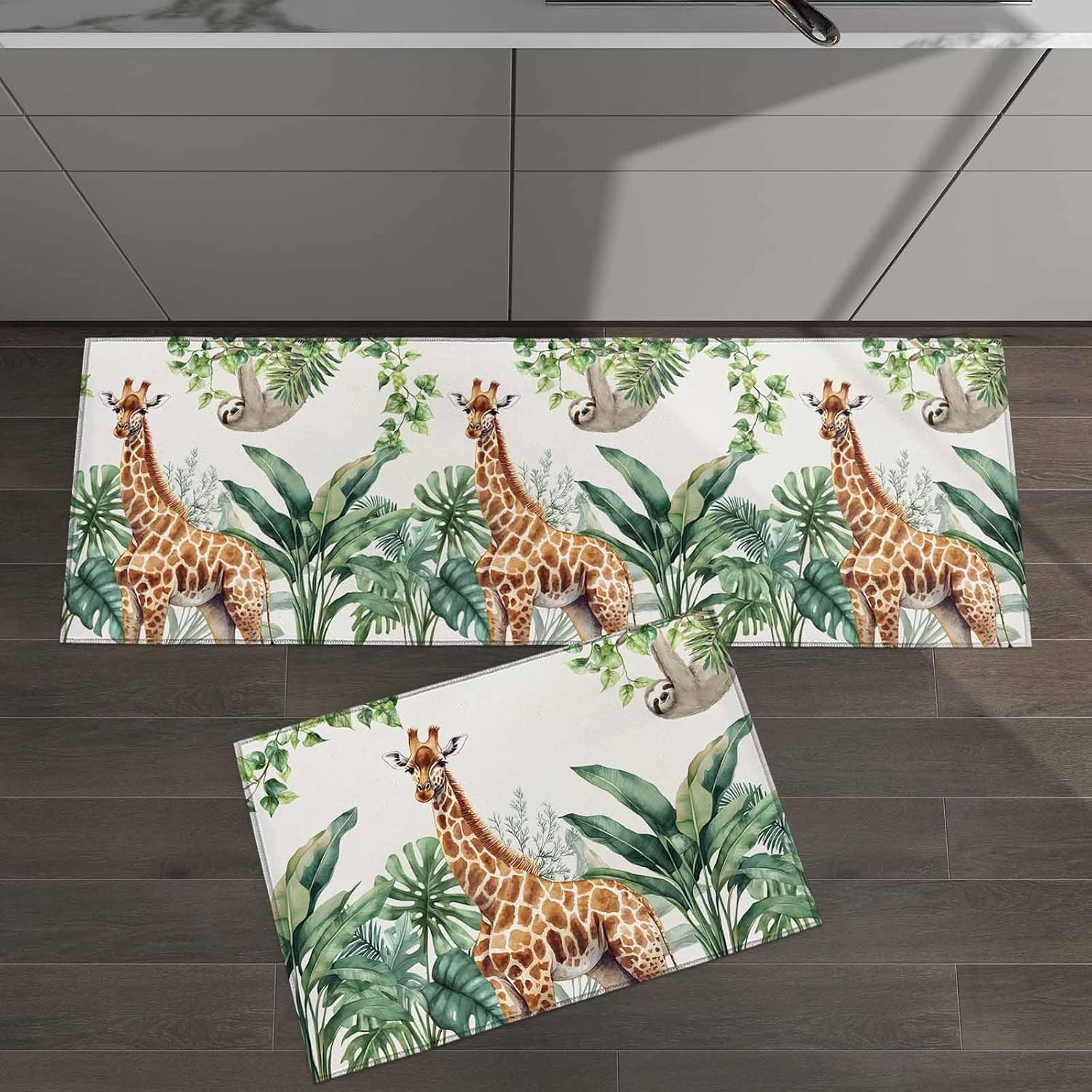 2 Pieces Kitchen Rugs and Mats,Summer Giraffe Sloth Palm Leaf Area Runner Rug Set Non Slip Floor Doormat Washable Carpet Standing Mat for Kitchen Sink Indoor Corridor,Tropical Animal Plant Art