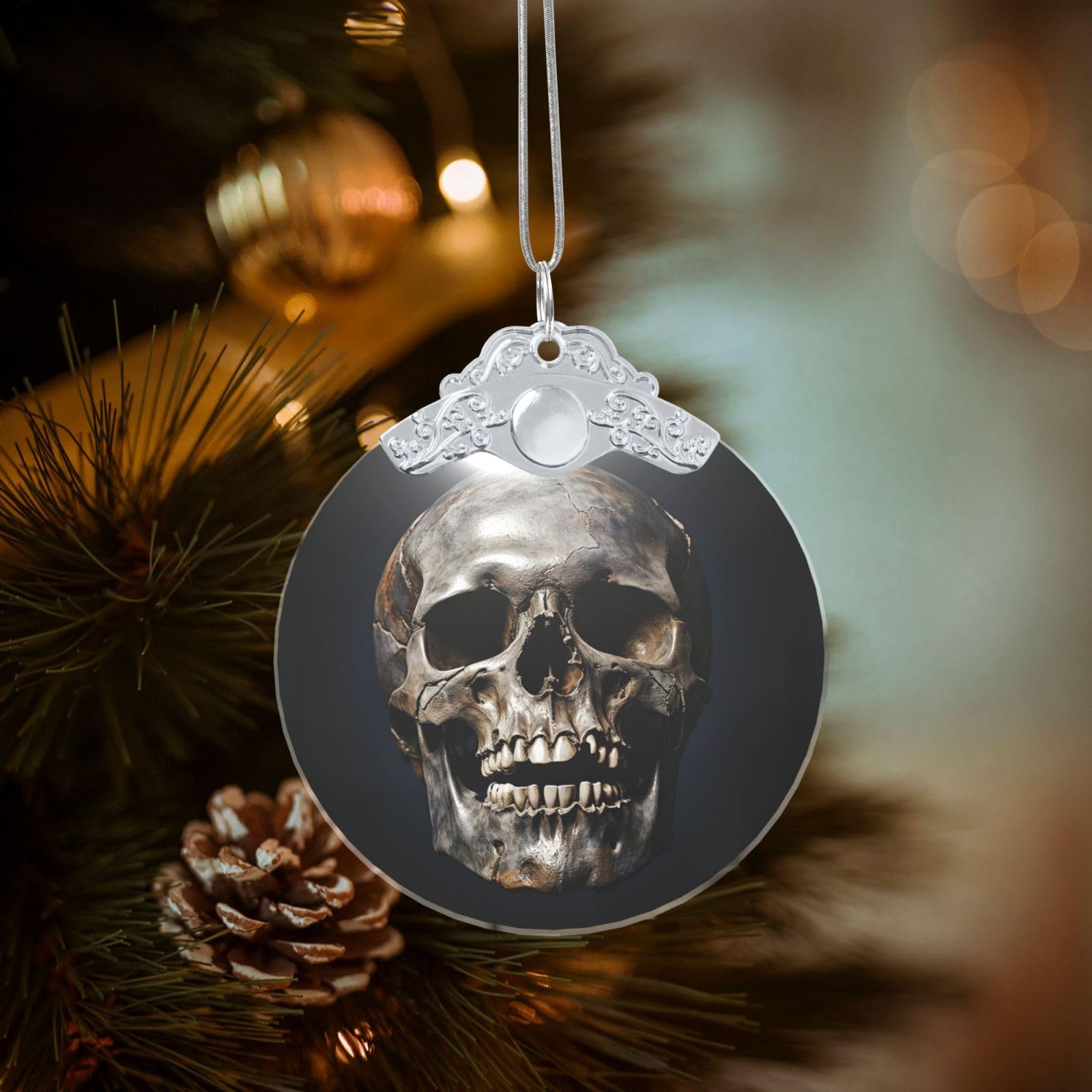 Crystal Christmas Ornaments for Christmas Tree Decoration Hanging Death Skull Ornament with Gold Ribbon Crafts Round Pendant for Keepsake Gifts Glass Xmas Decor Party Supplies