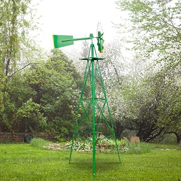 Green 8FT Windmill Backyard Garden Decoration Weather Vane, Heavy Duty Metal Wind Mill,8FT Windmill Yard Garden Metal Ornamental Wind Mill Weather Vane Weather Resistant 26" L x 26" W x 96" H
