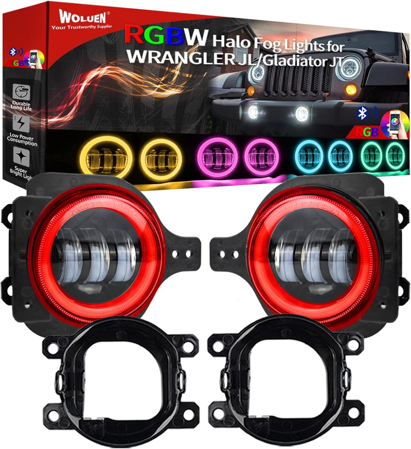 4 inch Fog light for Wrangler JL Gladiator Sport Fog Lights with RGBW halos Compatible with 2018-2023+ Wrangler JL JLU Unlimited Sport Rubicon Sahara with 2 Pairs Mounting Bracket,DOT Compliant
