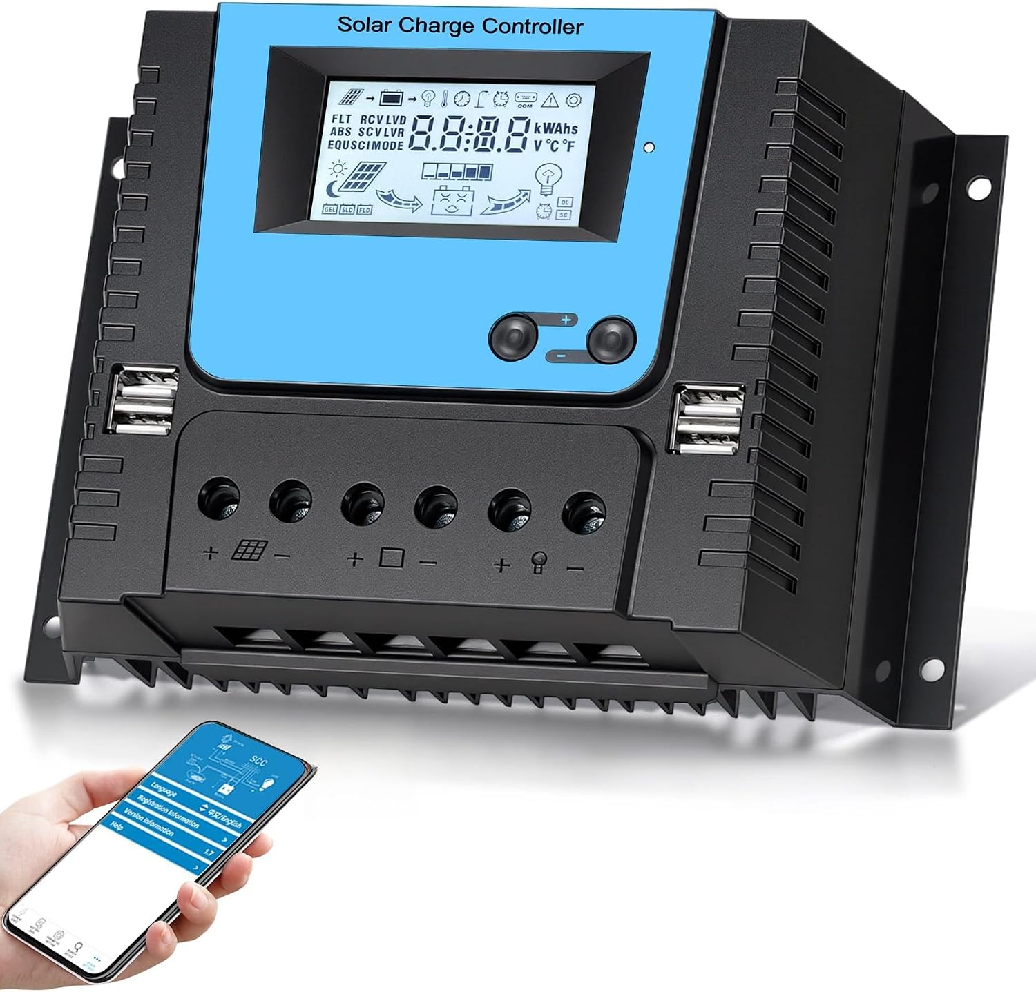 80A Solar Charge Controller with Bluetooth, PWM 80A Solar Controller 12V 24V 36V 48V with 4 USB Ports, Backlit Display, Regulator for Solar Panels Compatible with Lithium, Lead-Acid, Gel Battery