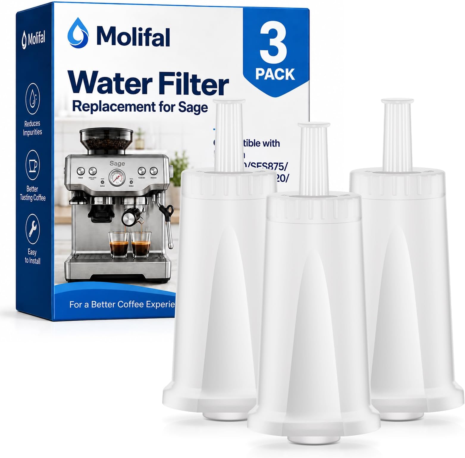 Water Filter Replacement for Sage® Coffee Machine Filter SES008WHT0NEU1, BES008, Compatible with Barista SES810/SES875/SES880/SES920/SES980/SES990/SES450/SES500,Barista Express Water Filter (3)
