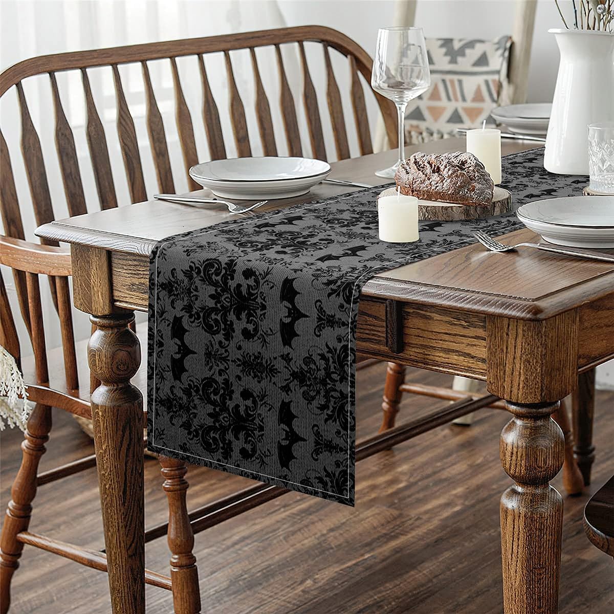 Halloween Bats Table Runners Black and Grey Damask Cloth for Kitchen Table, Exotic Antique Decor Goth Boho Vintage Floral Tabletop Decor 120"x13"