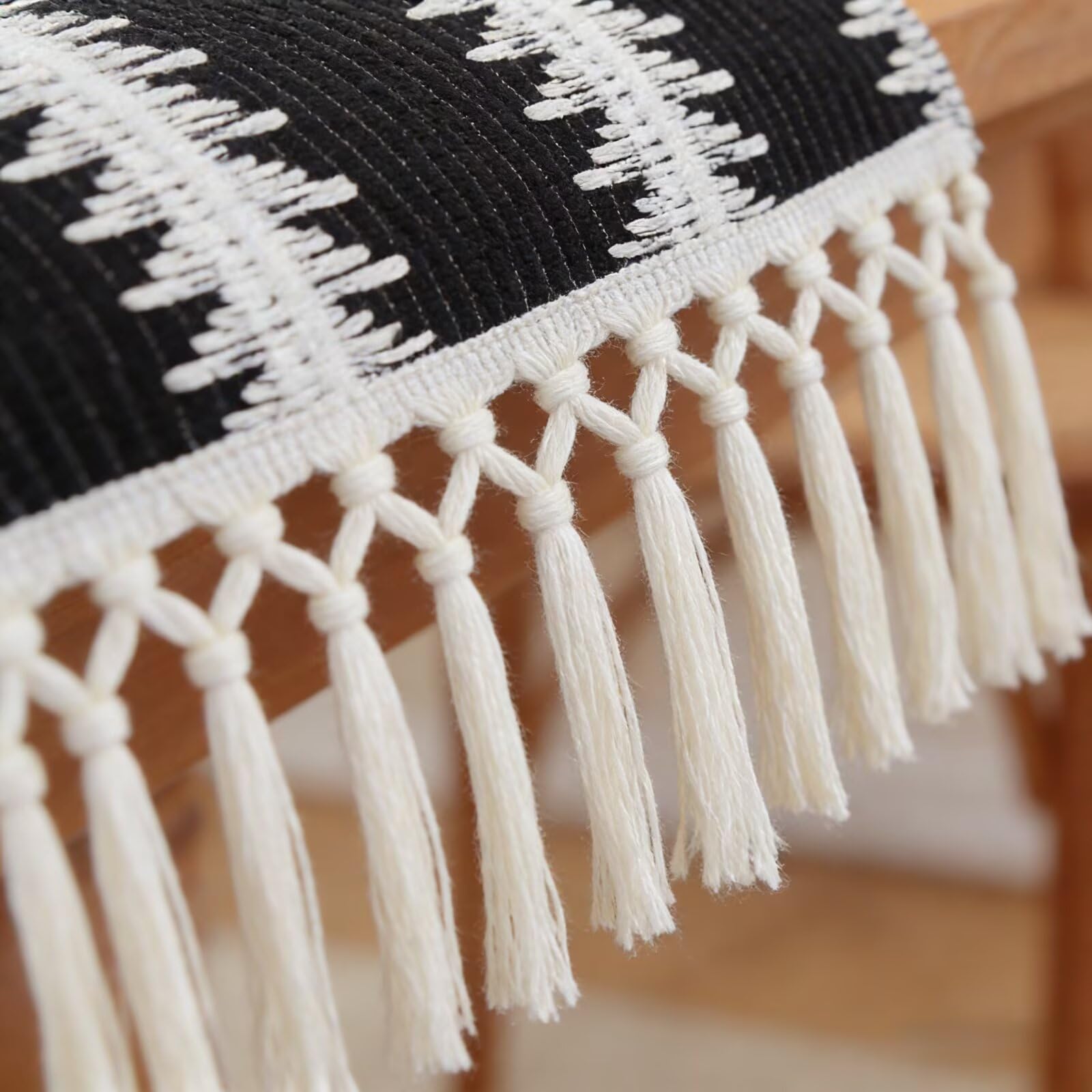 Ręcznie tkany bieżnik z bawełny i juty z frędzlami, rustykalny styl wiejski do kuchni artystycznej(Black Stripes,200cm)