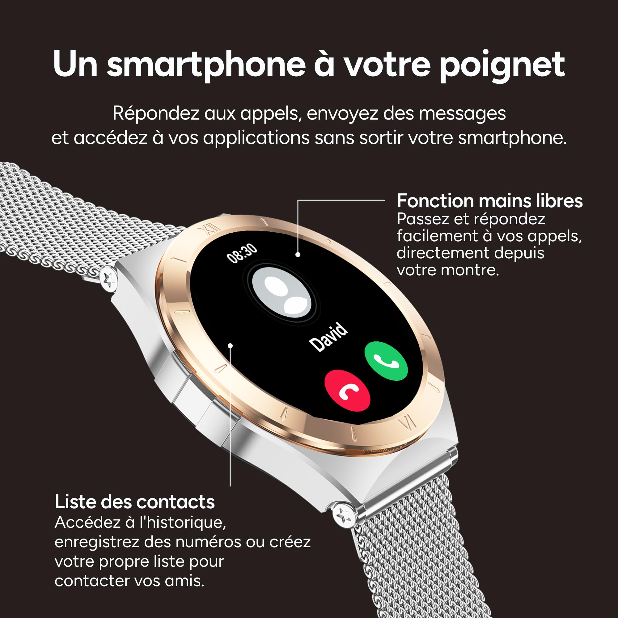 KSIX Montre connectée LYA Go pour Femme, écran AMOLED 1,19", autonomie de 5 Jours, Modes Sport et santé, Notifications, appels, Assistant Vocal, 2 Bracelets en métal et Silicone (Argent et Beige).