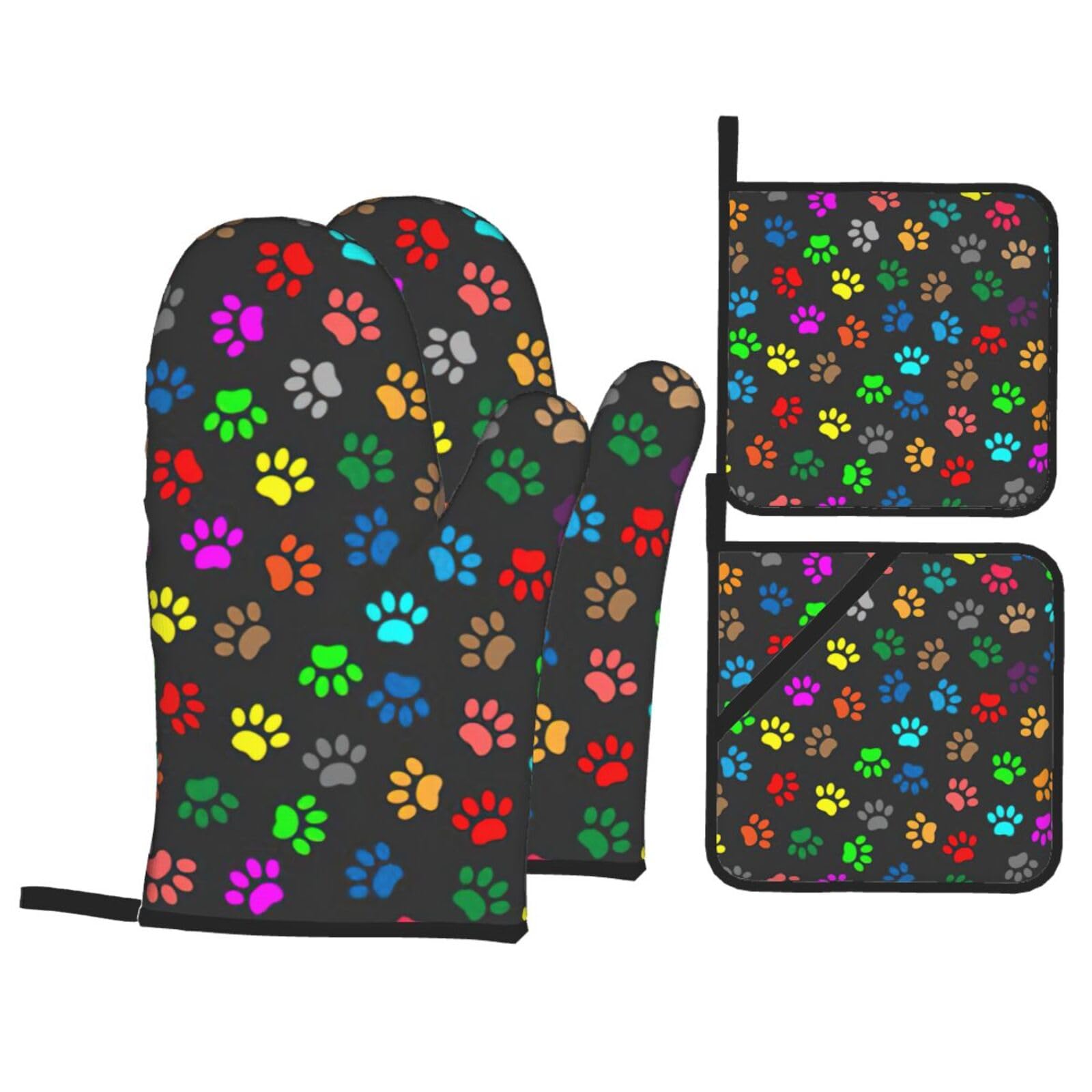 Nimongt Black Colorful Dog Paw Print Print Heat-Resistant 4-Piece Oven Kitchen Gloves For Baking Cooking Microwaving Essentials