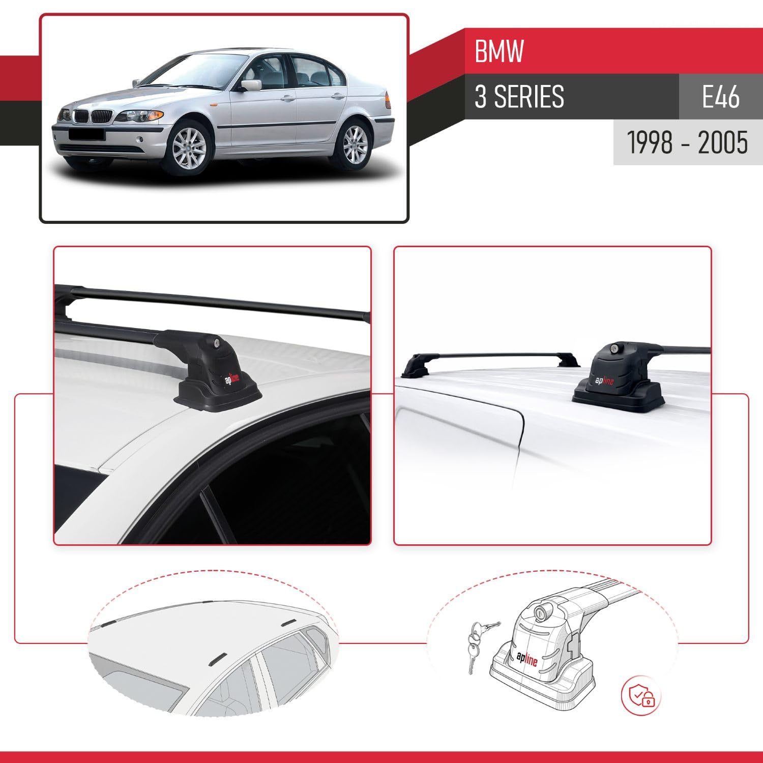Kompatybilny z BMW 3 Series (E46) 1998-2005 ACE-3 Model Aluminiowy bagażnik dachowy 2 poprzeczki, czarne