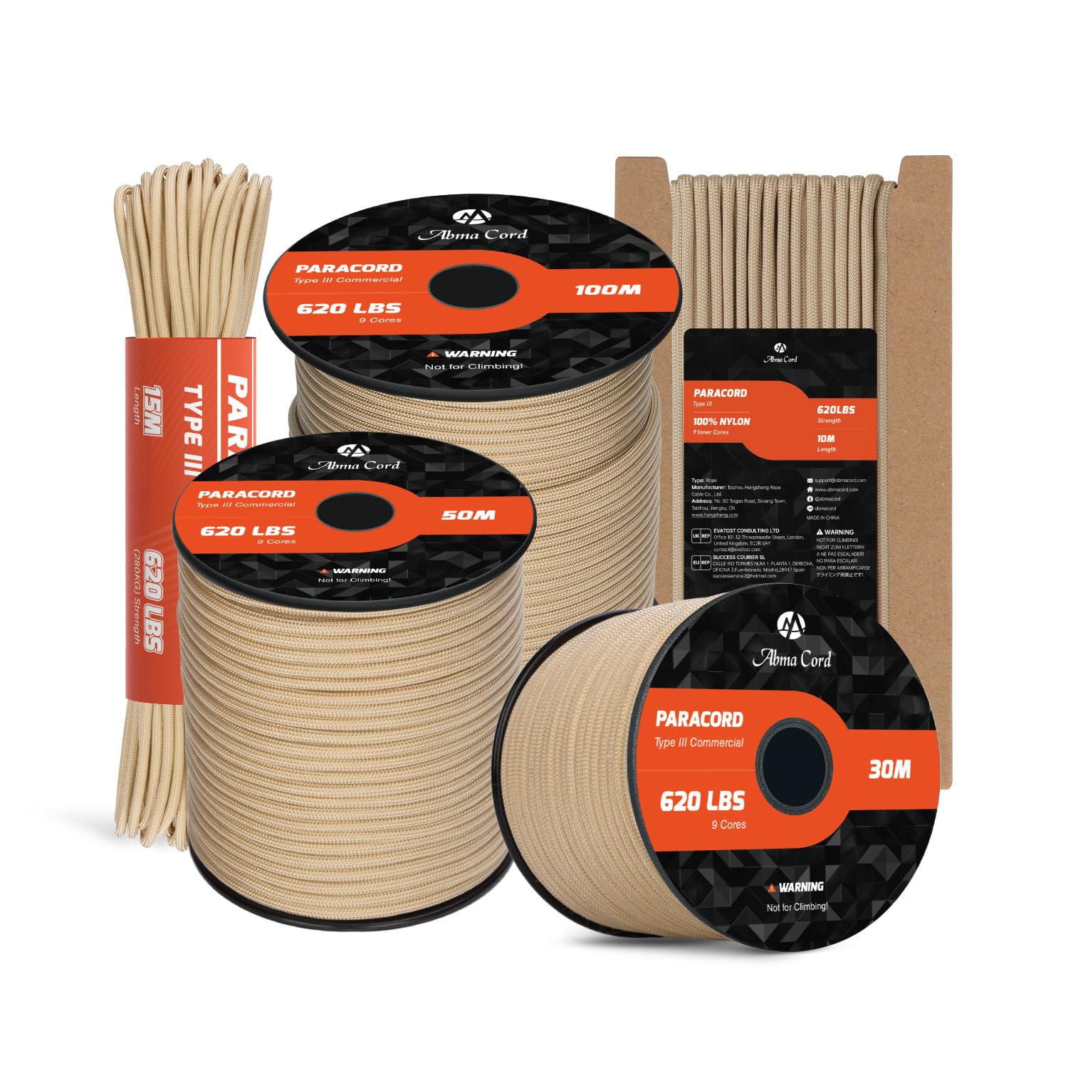 Abma Cord Khaki Paracord 4Mm 10M 100% Nylon Rope 9 Strands Type Iii Parachute Cord For Diy, Camping, Survival, Outdoor - Max. 280Kg