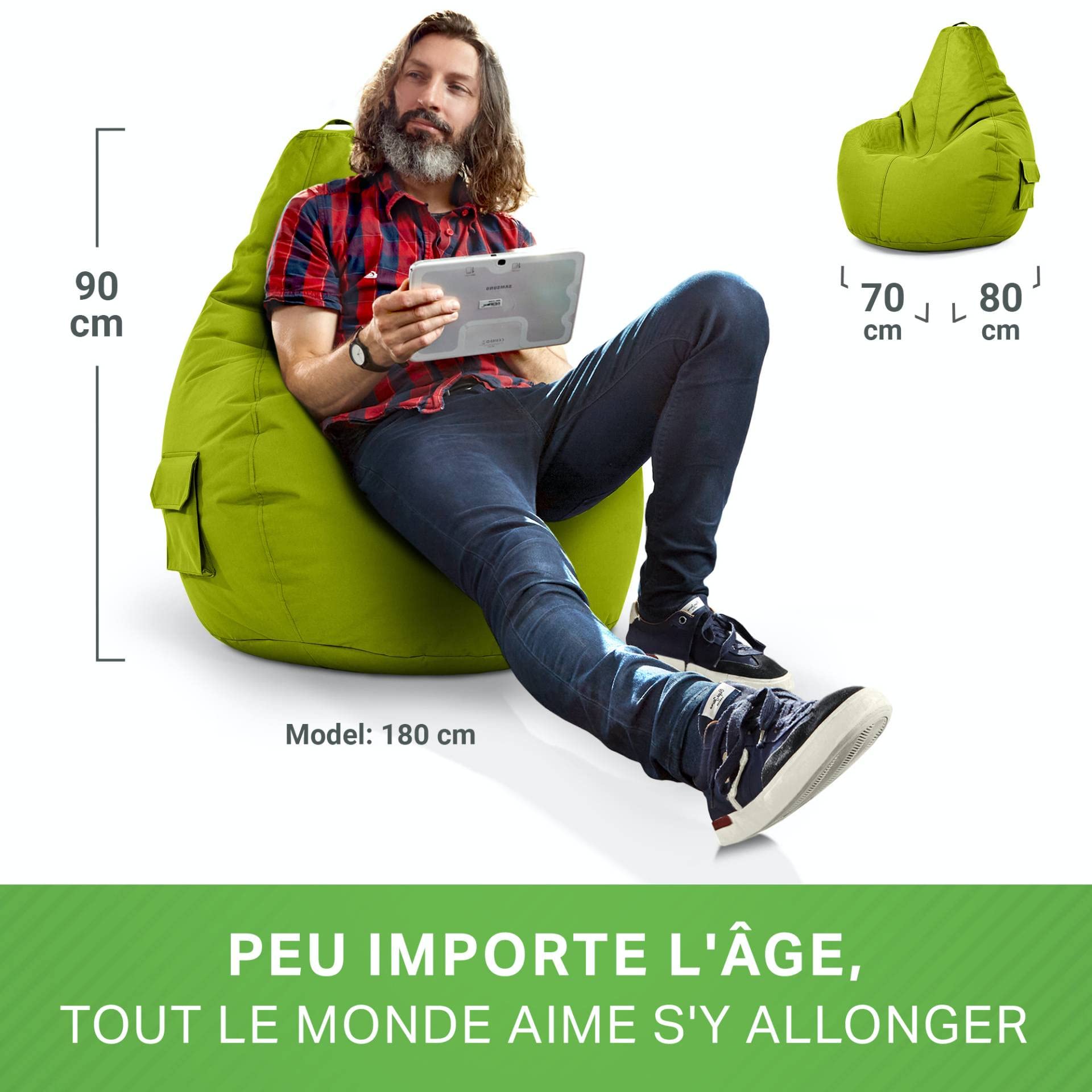 Green Bean© Pouf avec Dossier 80x70x90cm - Gaming Chair avec Remplissage 230L Doux Moelleux Lavable - Bean Bag Coussin de Sol Lounge Chair TABOURETS Fauteuil Relax Gamer Siège de Gaming Vert