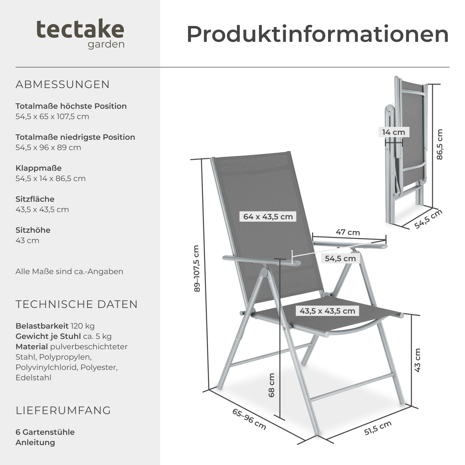TecTake® 6er Set Gartenstuhl klappbar, 54,5 x 65 x 107,5 cm, 8-Fach verstellbare Rückenlehne, wetterfest, Textilene, Verstellbarer Hochlehner, Outdoorstuhl, Gartenmöbel, Klappsessel - Silber
