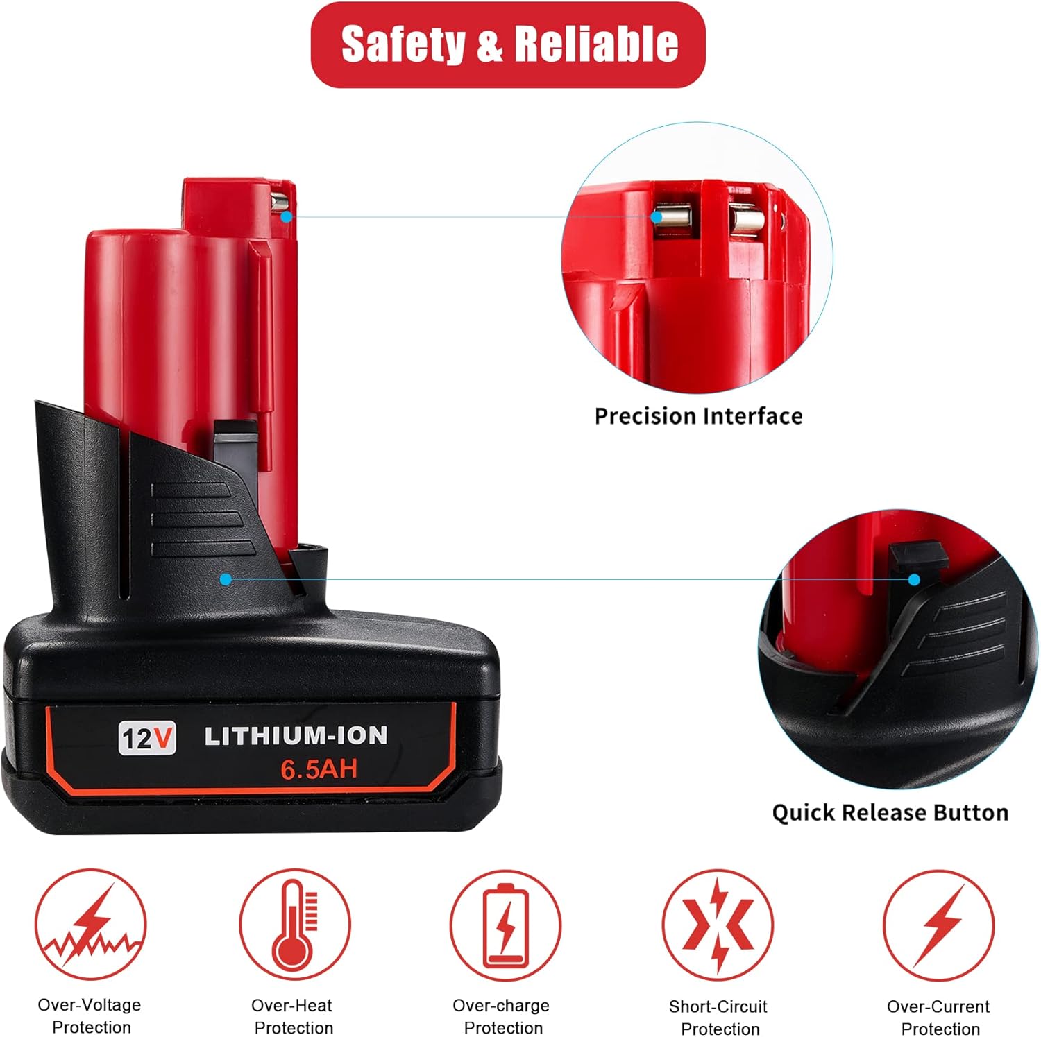 KUNLUN 2 Pack 12V 6500mAh Replacement Battery Compatible for Milwaukee M 12 Lithium-ion Battery 48-11-2411 48-11-2440 48-11-2402 Cordless Power Tools - Image 4