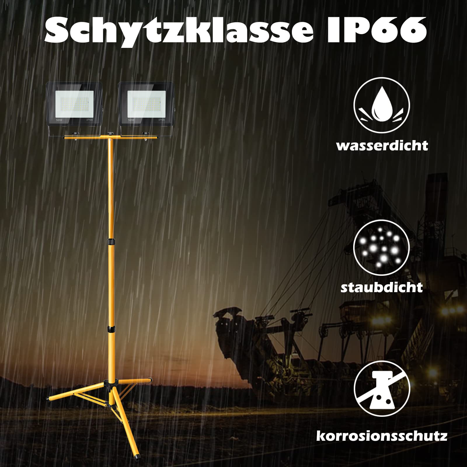 Reflektor budowlany LED ze statywem, 2 x 10 W, reflektor LED 6000 K, zimna biel ze statywem, reflektor roboczy, wodoszczelny IP66, do garażu, ogrodu, na plac budowy, regulacja wysokości (80 cm do 160 cm)