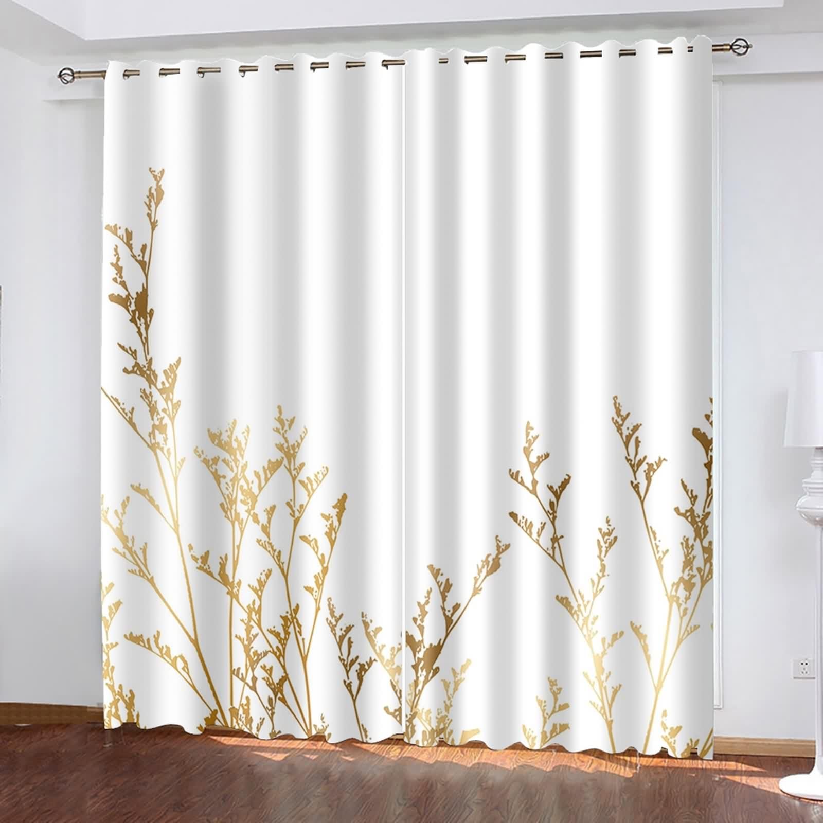 Rideaux Polyester, Rideau Fenetre Chambre Or Blanc Modèle de Branche Décoration 137L x 214H CM Lot de 2
