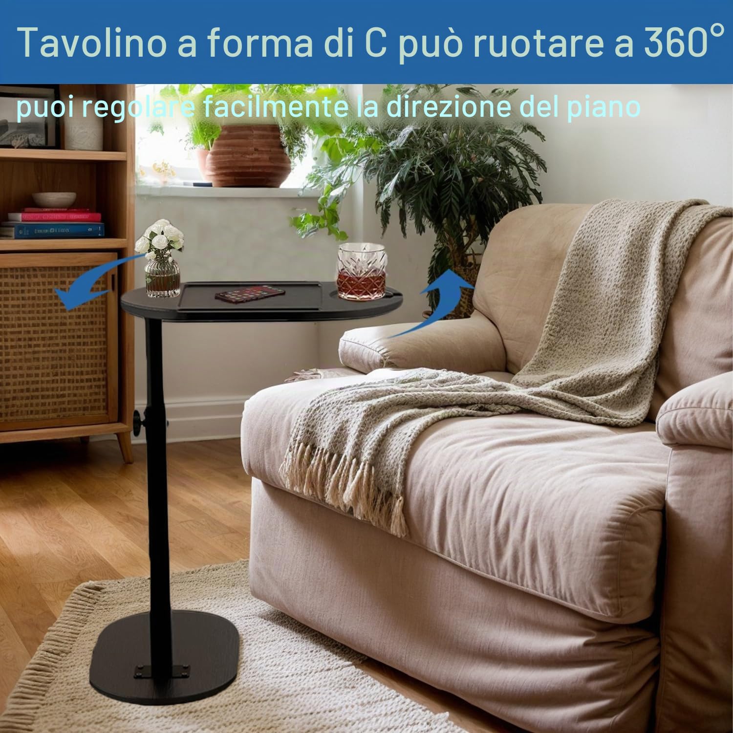 C Form - Tavolino girevole a 360°, regolabile in altezza, 42-82 cm, in legno e metallo, piccolo tavolino da caffè per soggiorno, bagno, letto, divano (amboo)