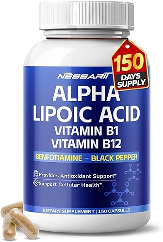Ácido alfa lipoico de alta potencia con vitamina B1, vitamina B12, benfotiamina, ubiquinol, pimienta negra, apoyo a la salud celular, 150 unidades